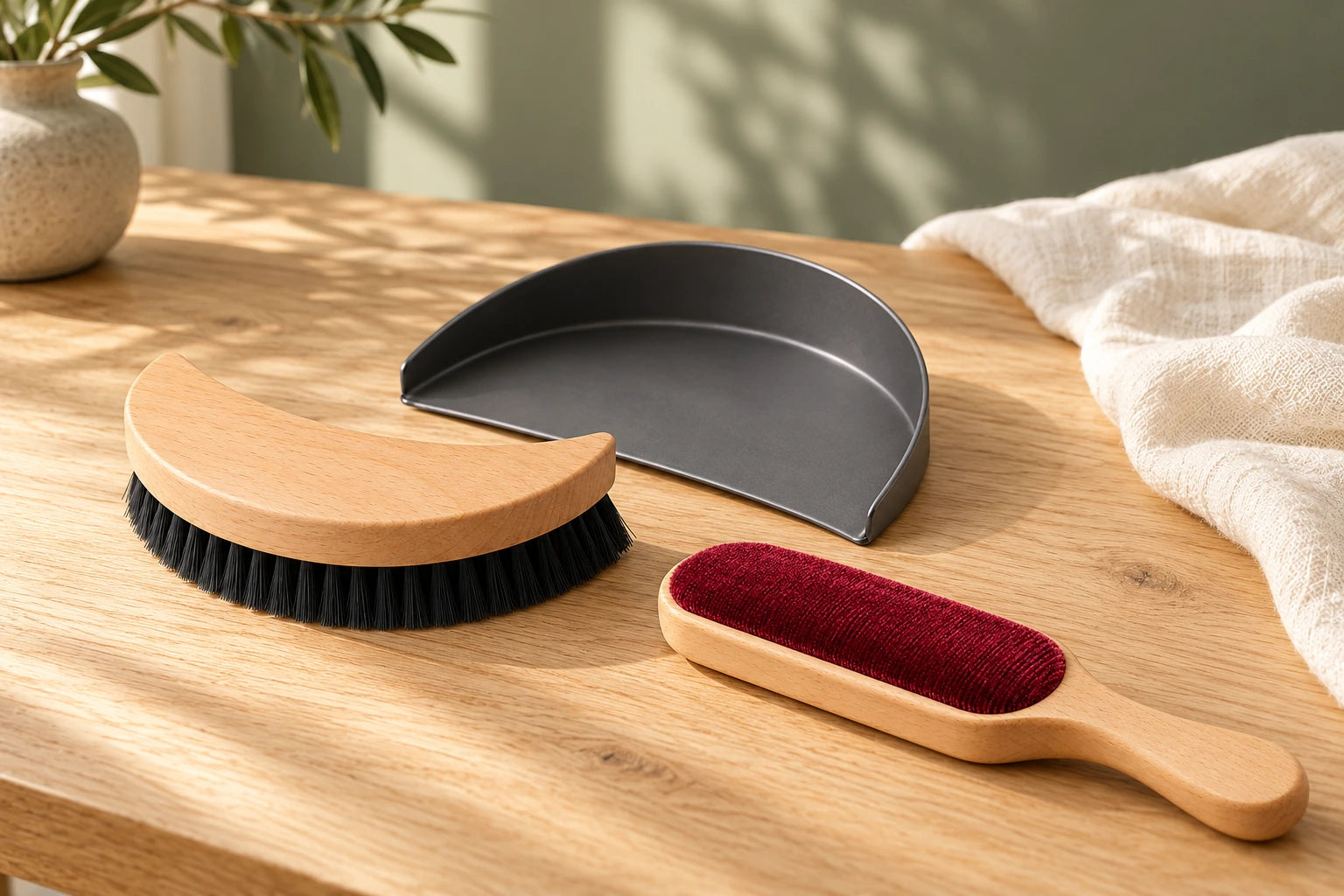 Wooden table brush, charcoal pan and burgundy velvet garment brush on an oak table
